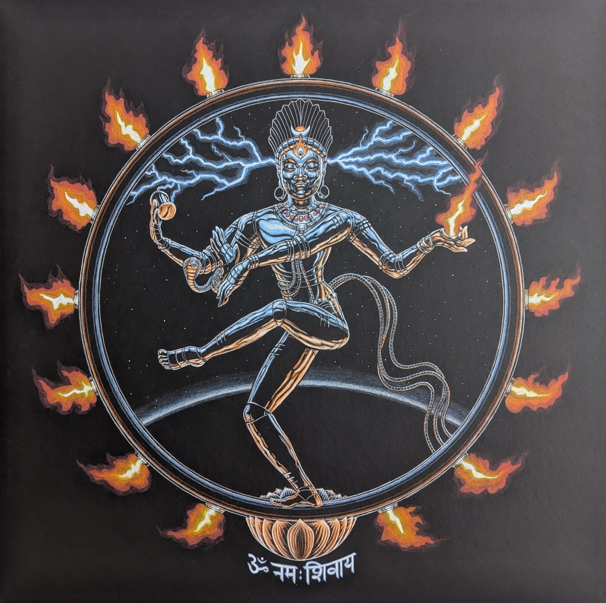 A drawing of Shiva Nataraja, with a body of silver chrome, surrounded by a wheel of flame, standing upon a lotus flower with his mantra inscribed below.