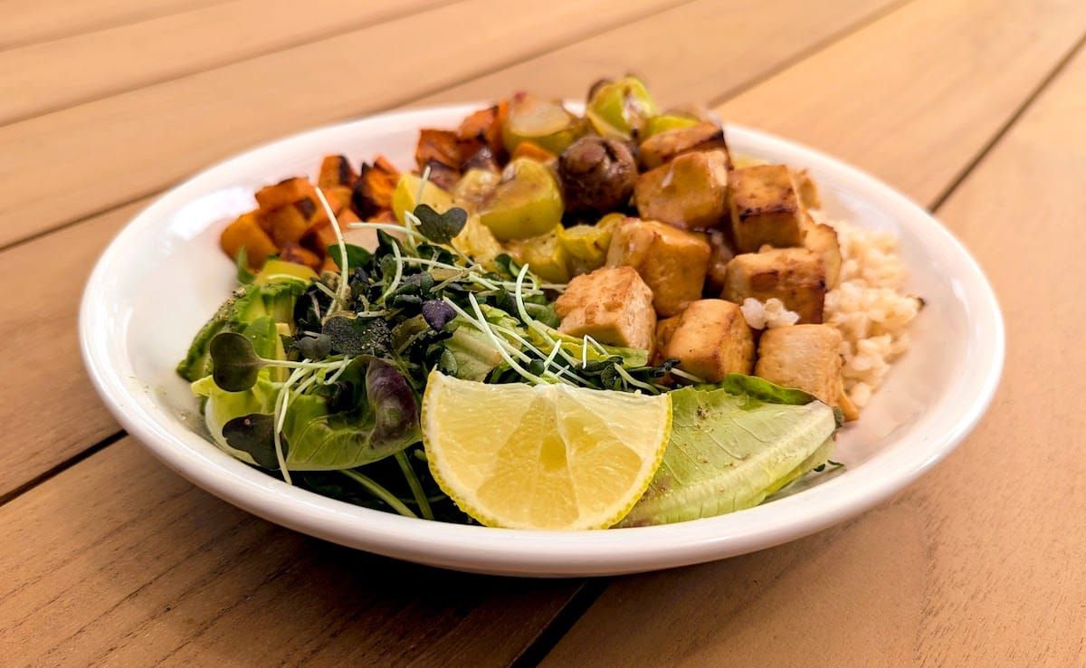 Asian Baked Tofu with Brown Rice and Roasted Vegetables