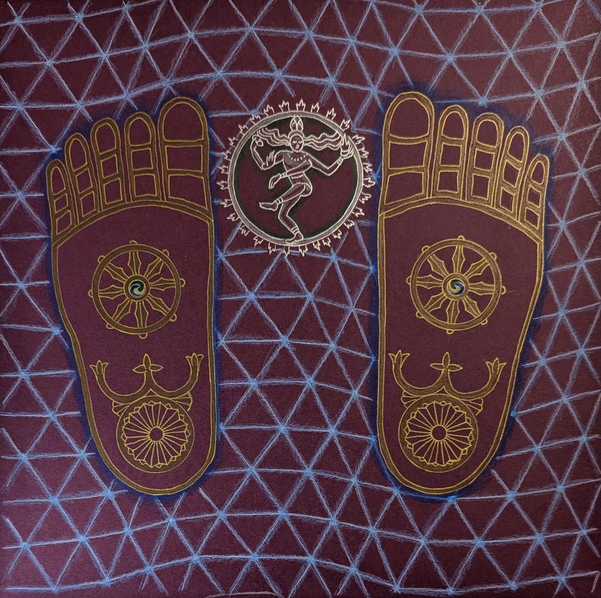 A drawing of the Buddha's footprints with Buddhist symbols, and a small dancing Shiva in between them.