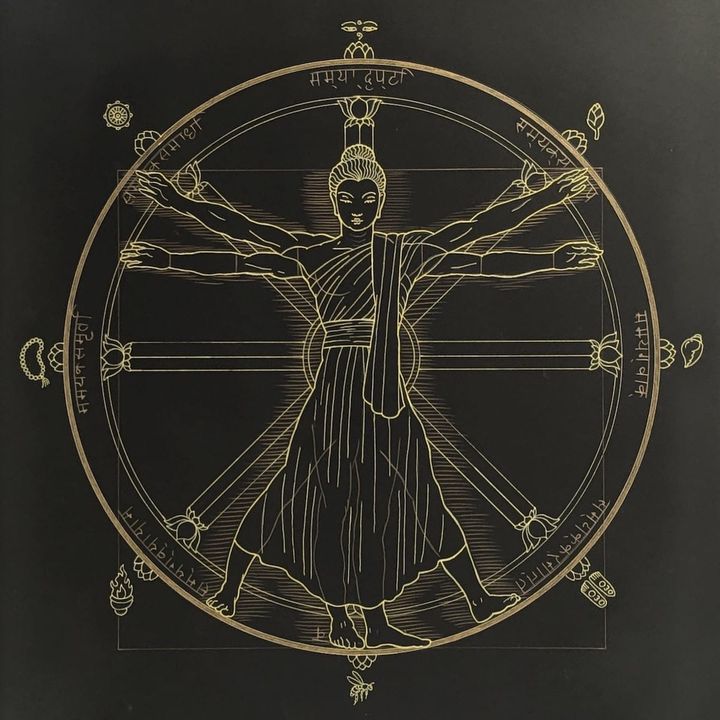 A drawing of the Buddha as da Vinci's Vitruvian Man, superimposed on a Dharma wheel, with symbols and Sanskrit text at each spoke of the wheel.