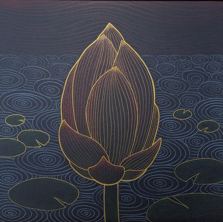 A drawing of a lotus bud in a pond, gold ink and color pencil on blue paper.