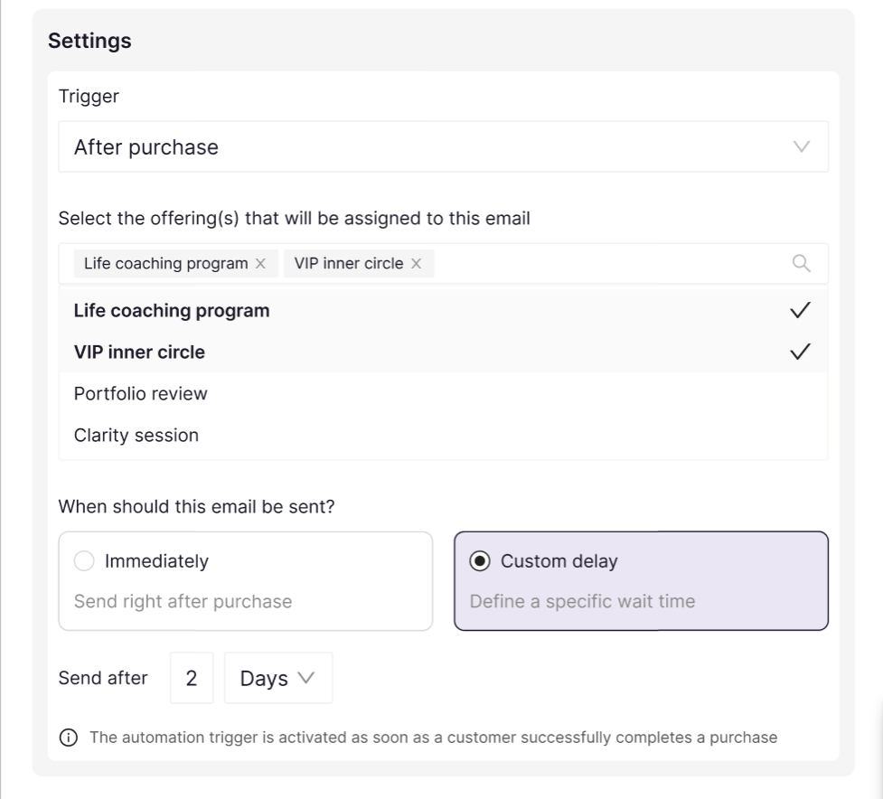 Email automation trigger settings in Coachli showing After Purchase and Abandoned Purchase options with timing controls