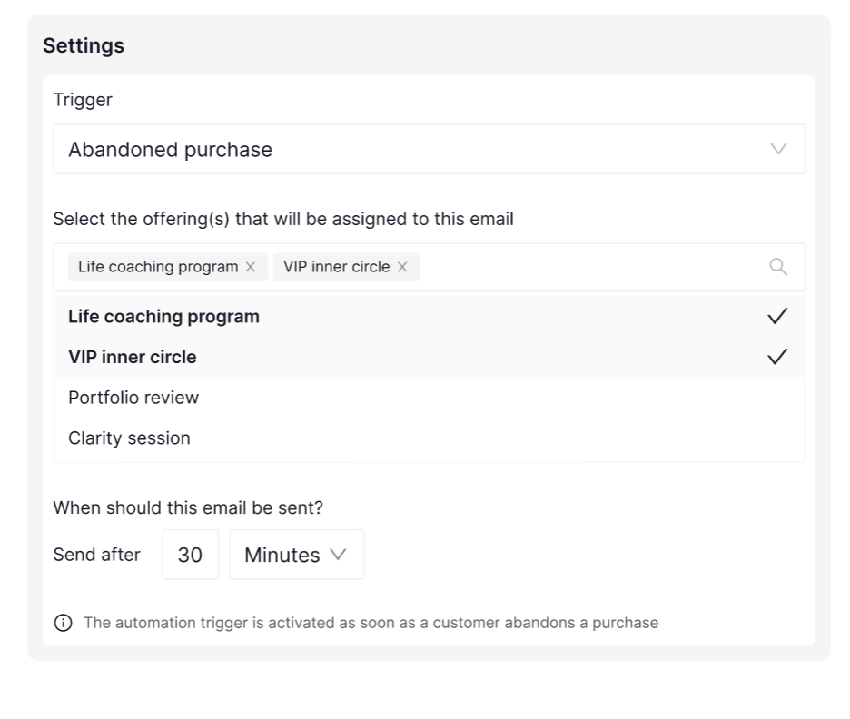 Email automation settings showing offering selection, trigger timing options, and delay duration configuration