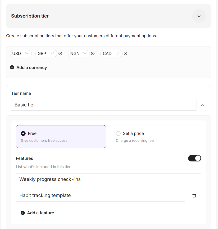 Coachli subscription tier creation showing tier naming and free vs. paid pricing options