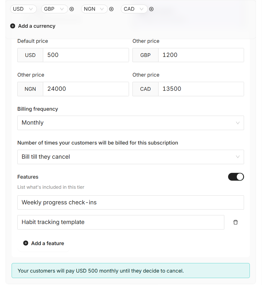 Coachli subscription pricing setup showing multiple currency prices and daily billing frequency configuration