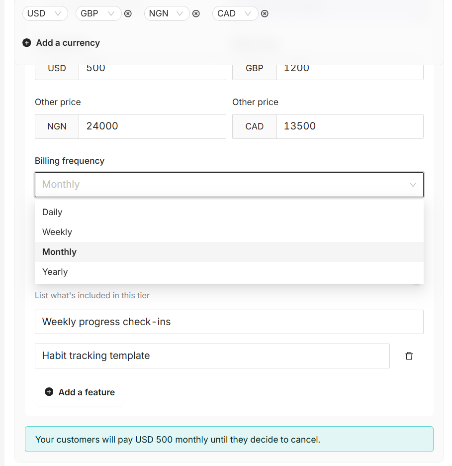 Coachli subscription billing configuration showing monthly frequency and indefinite billing until cancellation option