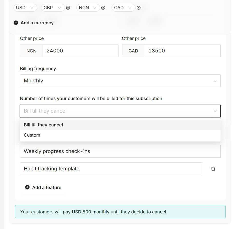 Coachli billing frequency options showing Daily, Weekly, Monthly, and Yearly billing cycle choices