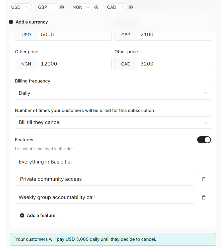 Coachli fully configured subscription tier showing complete pricing, billing, and feature setup"