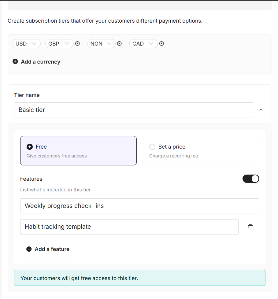 Coachli subscription tier creation starting point showing currency selection and free vs. paid tier options
