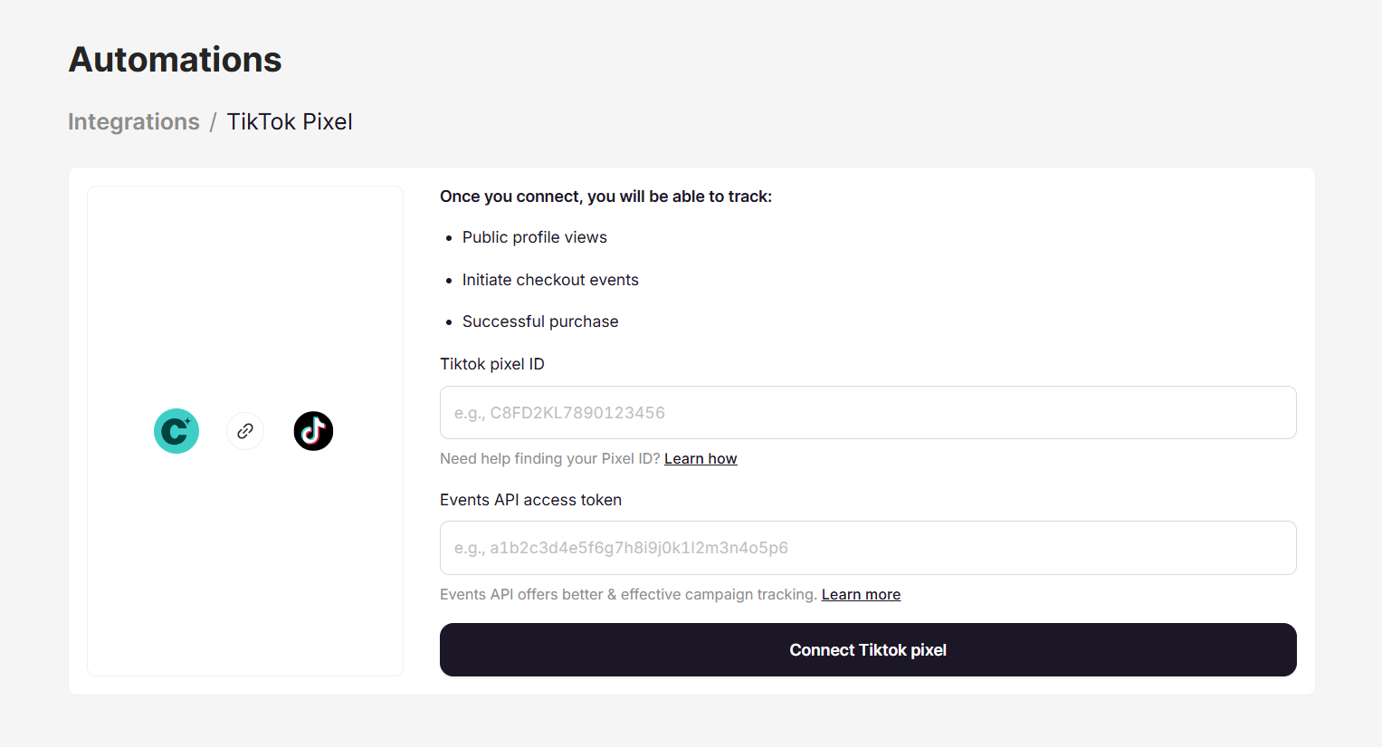 Coachli TikTok Pixel integration setup page showing Pixel ID input, Events API access token field, and Connect TikTok pixel button