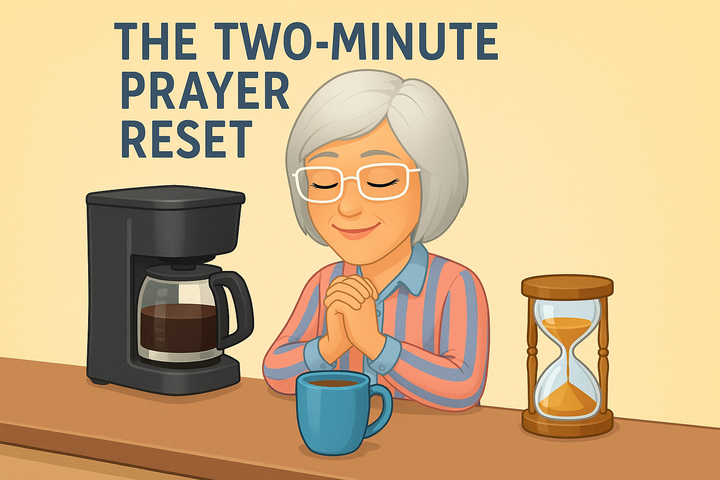 Illustration of a woman praying at a table beside a coffee maker and hourglass, representing a simple two-minute prayer pause built into daily routines.