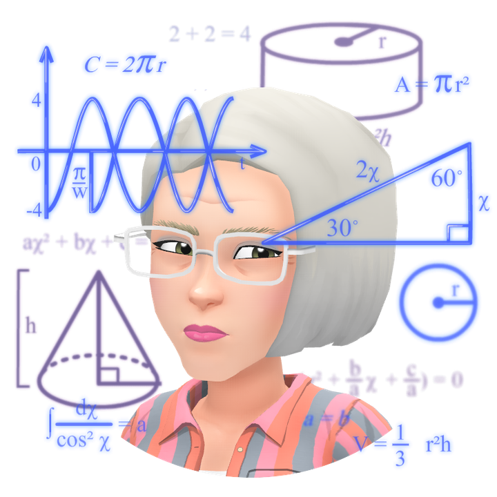 Avatar with glasses surrounded by math equations and diagrams, looking thoughtful and analytical