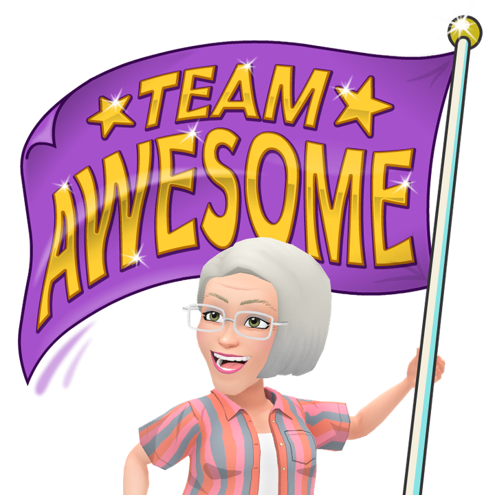 Avatar smiling and holding a purple flag that says “Team Awesome”