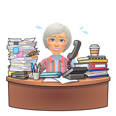 Avatar sitting at a cluttered desk surrounded by stacks of papers, books, and a phone