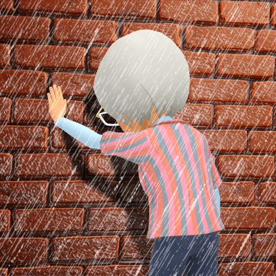 Avatar facing a brick wall in the rain, appearing stuck or frustrated