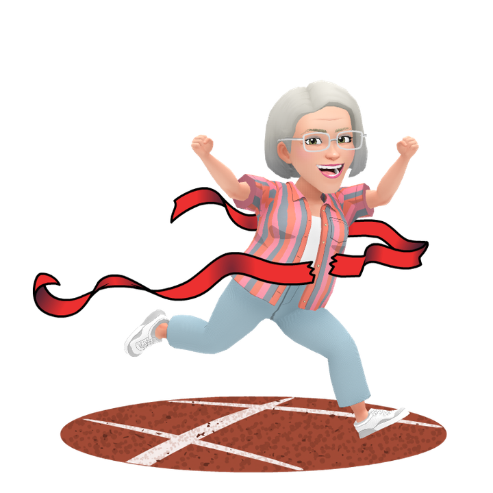 Avatar running across a finish line with arms raised in celebration