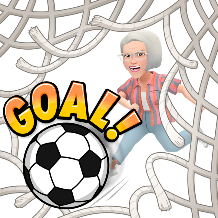 Cartoon-style image of a woman scoring a soccer goal, symbolizing success and achieving goals with support
