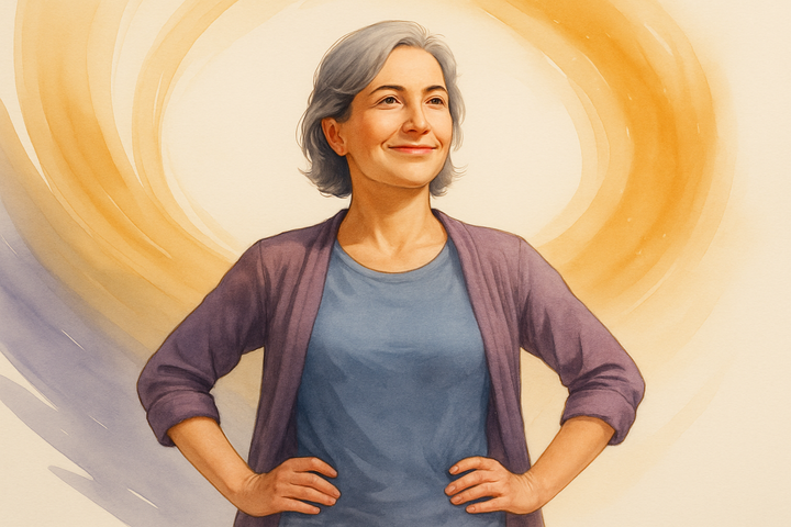 Confident woman standing with hands on hips, calm expression, surrounded by warm circular brushstroke light