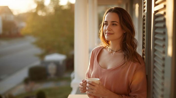 Woman standing on a porch at sunrise holding a cup of coffee, reflecting peacefully and representing gratitude, growth, and the quiet practice of celebration