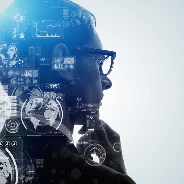 A thoughtful professional man in profile with digital data overlays and global interface graphics, representing AI, automation, and data-driven business strategy.