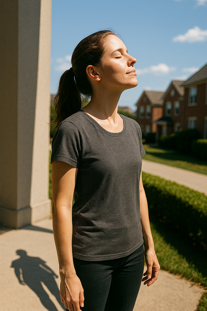 Woman standing outdoors with eyes closed, face turned toward sunlight, symbolizing peace, reflection, faith, and choosing light over life’s challenges.