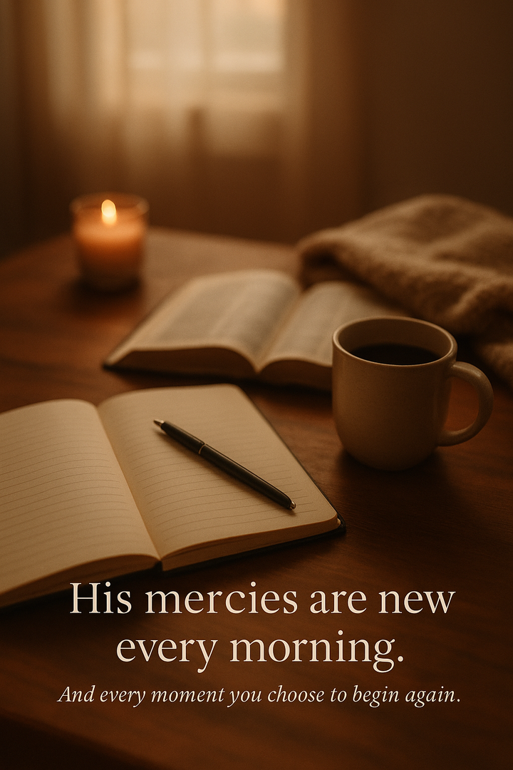 Open journal, coffee mug, and Bible on a table with a lit candle in soft morning light, reflecting quiet time, prayer, and peaceful stillness.
