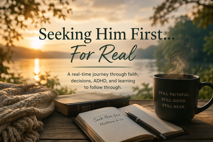 Sunrise over a peaceful lake with an open notebook, Bible, and coffee mug representing reflection, faith, and intentional decision-making