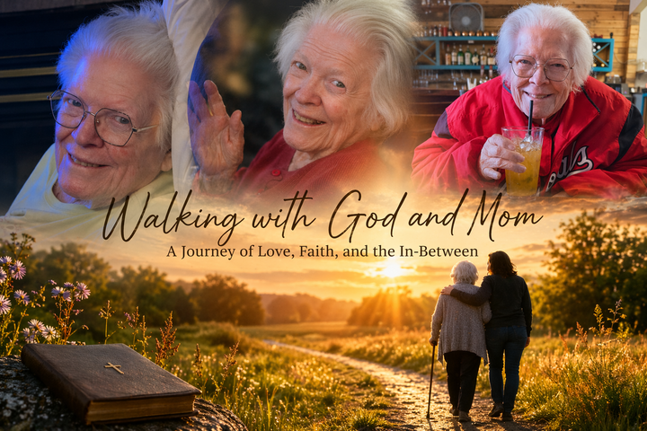 A daughter walking with her elderly mother at sunset, representing a journey of love, faith, and end-of-life care.