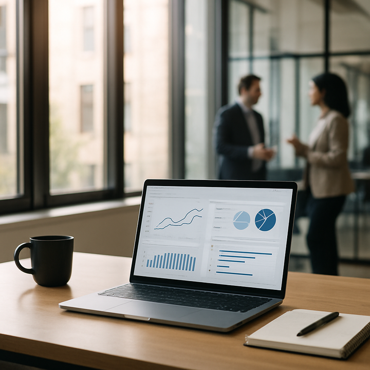Laptop displaying business analytics dashboards on a desk, with two professionals talking in the background, representing data strategy, collaboration, and business decision-making.