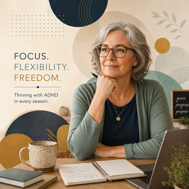 A calm, confident woman sits at a desk with a notebook and laptop, surrounded by soft shapes and warm tones, symbolizing focus, flexibility, and neurodivergent-friendly productivity.