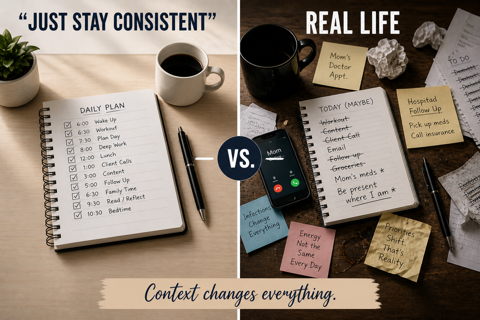 Split image of a clean, organized planner on one side and a cluttered desk with crossed-out tasks and notes on the other, showing the contrast between ideal consistency and real-life demands.