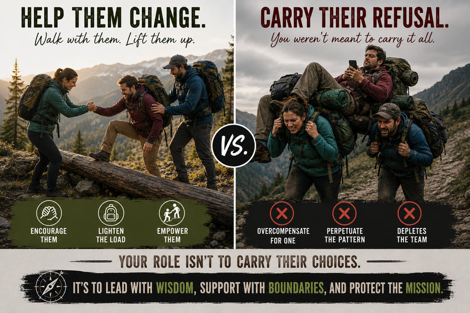 Split image of hikers: one side helping a teammate over a log, the other side struggling to carry a passive hiker and his gear up a mountain trail.