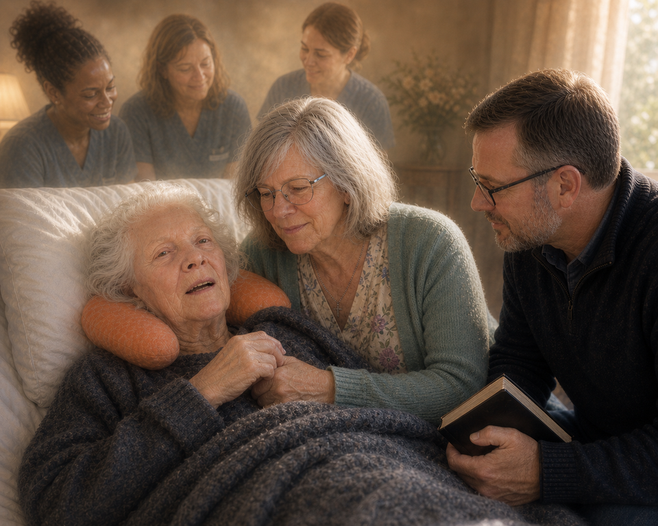 A daughter sits beside her elderly mother in bed, holding her hand during hospice care, while a chaplain and caregivers stand nearby offering quiet support.