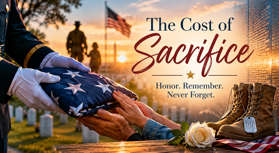 Folded American flag presented to grieving family at a military cemetery during sunset with memorial wall and “The Cost of Sacrifice” text.