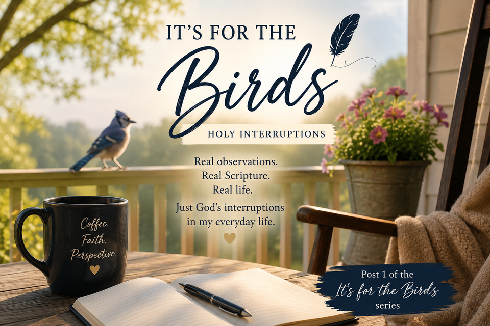 Morning porch with a journal, mug, and bird on the railing, introducing the "It's for the Birds" series about noticing God's everyday lessons through His creation.