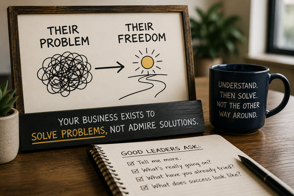 Framed illustration showing a tangled scribble labeled "Their Problem" leading to a sunrise over a path labeled "Their Freedom," with a notebook reading "What problem can I help solve?"