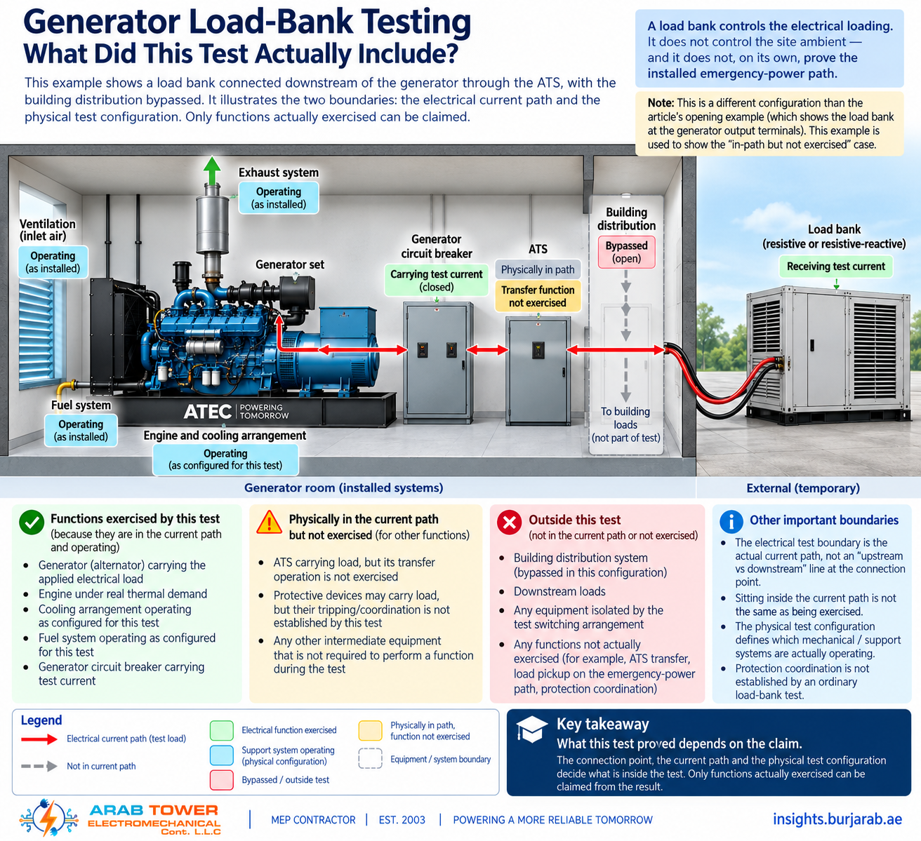 A generator-room cutaway showing an electrical current path drawn in red arrows from the generator, through the generator circuit breaker (closed, carrying test current), through the ATS (physically in the path, with the transfer function not exercised), to an external load bank. The building distribution branch is bypassed (open) and greyed out. Mechanical and support systems — ventilation inlet air, exhaust, fuel system, and the engine and cooling arrangement — carry labels showing whether each is operating as installed or operating as configured for this test. Four coloured category boxes below the diagram sort what the test includes: functions exercised (green), physically in the current path but not exercised (yellow), outside this test (red), and other important boundaries (blue, carrying the key rules including that the electrical test boundary is the actual current path not an upstream-vs-downstream line, that sitting inside the current path is not the same as being exercised, and that protection coordination is not established by an ordinary load-bank test). A note at top-right states that this is a different configuration than the article's opening example, chosen to show the in-path-but-not-exercised case.