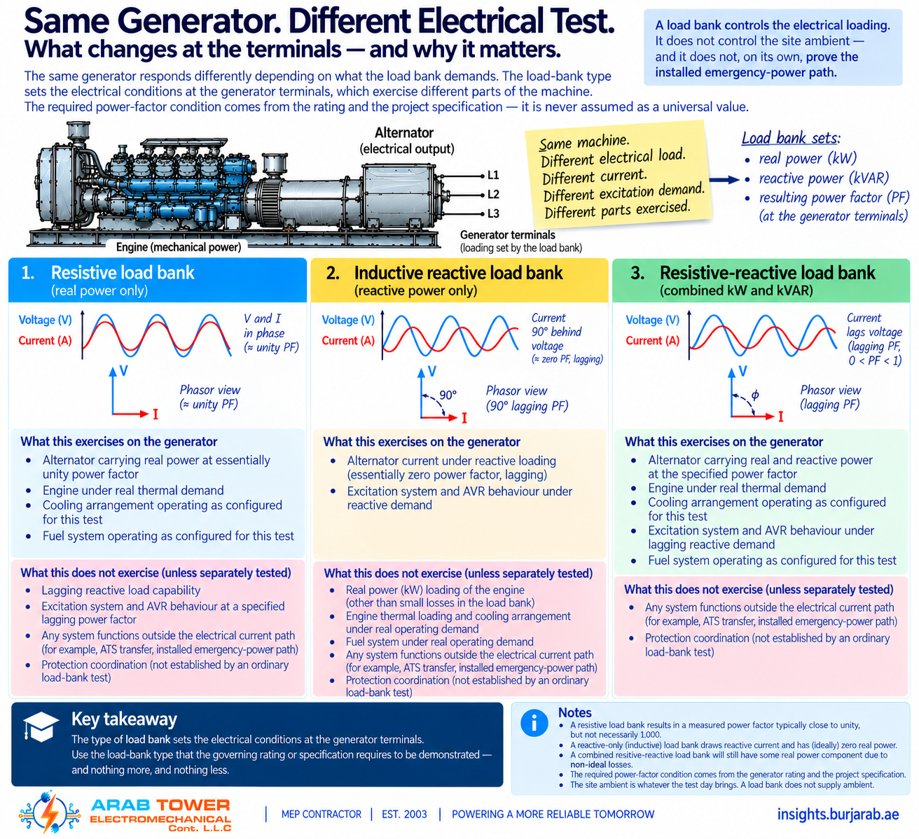 An electrical engineer's working sheet comparing three load-bank types across the same generator. The hero sketch at top is a hand-drawn generator with its engine, alternator and L1–L2–L3 output terminals labelled; a sticky note reads 'Same machine. Different electrical load. Different current. Different excitation demand. Different parts exercised.' Three colour-coded panels follow. Panel 1 — Resistive load bank, real power only: voltage and current waveforms in phase; phasor view at approximately unity power factor; what it exercises on the generator (alternator at essentially unity PF, engine under real thermal demand, cooling arrangement and fuel system operating as configured for this test) and what it does not exercise unless separately tested (lagging reactive capability, excitation and AVR under lagging PF, system functions outside the current path, and protection coordination). Panel 2 — Inductive reactive load bank, reactive power only: current 90° behind voltage at essentially zero power factor lagging; phasor view with the 90° angle explicitly labelled; exercises alternator current at reactive load (essentially zero PF lagging) and excitation and AVR under reactive demand — and nothing more on the generator; does not exercise real-power loading of the engine (other than small losses in the load bank), engine thermal loading and cooling under real operating demand, system functions outside the current path, or protection coordination. Panel 3 — Combined resistive-reactive, kW plus kVAR: imposes real and reactive together at a specified apparent-power and power-factor condition (0 < PF < 1, the non-zero non-unity case); exercises alternator at the specified PF, engine under real thermal demand, cooling and fuel as configured, excitation and AVR under lagging reactive demand together; does not exercise functions outside the current path, the installed emergency-power path or ATS transfer, or protection coordination. A Notes box carries five engineering-precision bullets: a resistive load bank's measured PF is typically close to unity but not necessarily 1.000; a reactive-only (inductive) load bank draws reactive current and has (ideally) zero real power; a combined resistive-reactive load bank still carries a small real power component due to non-ideal losses; the required PF condition comes from the generator rating and the project specification — never a universal rule; and the site ambient is whatever the test day brings. A load bank does not supply ambient.
