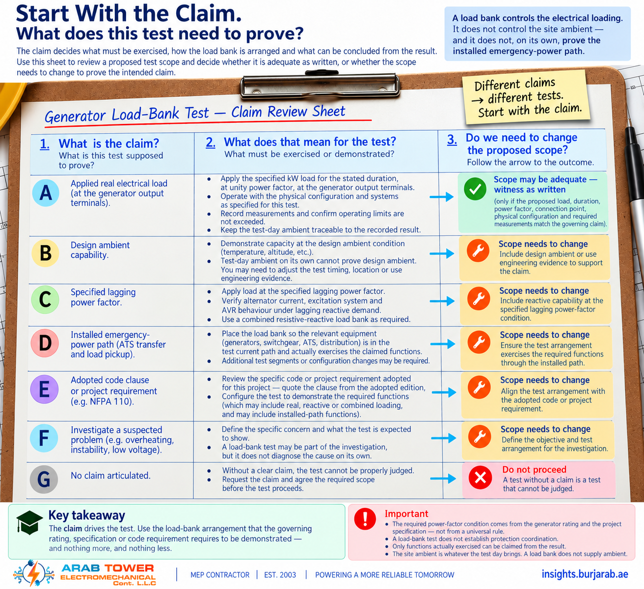 An engineer's claim-review sheet on a clipboard, laid out as three columns across seven lettered rows A to G that correspond exactly to the article's §9 branches A to G. Column 1 — 'What is the claim?' — names the claim the test is being asked to prove; column 2 — 'What does that mean for the test?' — names what must be exercised or demonstrated; column 3 — 'Do we need to change the proposed scope?' — names the outcome. Row A, applied real electrical load at the generator output terminals, is the one 'scope may be adequate, witness as written' case — conditional on the proposed load, duration, power factor, connection point, physical configuration and required measurements all matching the governing claim, with the test-day ambient kept traceable to the recorded result. Row B, design-ambient capability — demonstrate at the design ambient condition; the test-day ambient on its own cannot prove design ambient; adjust test timing, location or use engineering evidence to support the claim. Row C, specified lagging power factor — apply load at the specified lagging PF, verify alternator current, excitation and AVR behaviour under lagging reactive demand, use a combined resistive-reactive load bank as required. Row D, installed emergency-power path with ATS transfer and load pickup — place the load bank so the relevant equipment (generators, switchgear, ATS, distribution) is in the test current path and actually exercises the claimed functions, with additional test segments or configuration changes as required. Row E, adopted code clause or project requirement (e.g. NFPA 110) — review the specific requirement adopted for the project, quote the clause from the adopted edition, configure the test to demonstrate the required functions. Row F, investigate a suspected problem such as overheating, instability or low voltage — define the specific concern and what the test is expected to show; a load-bank test may form part of the investigation but does not diagnose the cause on its own. Row G, no claim articulated — outcome is a red 'Do not proceed': without a clear claim the test cannot be properly judged; request the claim and agree the required scope before the test proceeds. A key takeaway closes with 'The claim drives the test. Use the load-bank arrangement that the governing rating, specification or code requirement requires to be demonstrated — and nothing more, and nothing less.' An Important box carries four discipline bullets: the required PF condition comes from the generator rating and the project specification — not from a universal rule; a load-bank test does not establish protection coordination; only functions actually exercised can be claimed from the result; the site ambient is whatever the test day brings and a load bank does not supply ambient.
