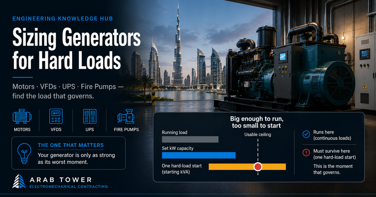 Sizing Generators for Hard Loads — Arab Tower Engineering Knowledge Hub: a generator set with the Dubai skyline behind and a chart showing one hard-load start breaching the usable ceiling.