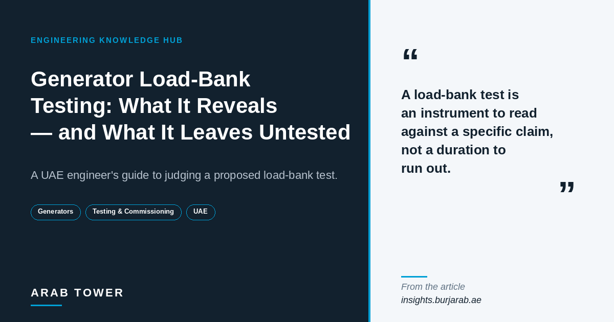 Arab Tower Engineering Knowledge Hub card: 'Generator Load-Bank Testing — What It Actually Reveals and What It Leaves Untested.' Navy panel on the left carrying the title, a one-line subtitle