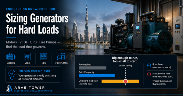 Sizing Generators for Hard Loads — Arab Tower Engineering Knowledge Hub: a generator set with the Dubai skyline behind and a chart showing one hard-load start breaching the usable ceiling.