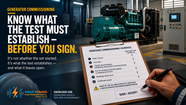 Arab Tower Engineering Knowledge Hub card: "Generator Commissioning — what the test must establish before you sign", beside a proposed six-line commissioning schedule with a question mark aga