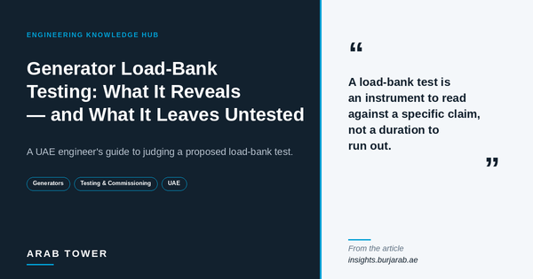 Arab Tower Engineering Knowledge Hub card: 'Generator Load-Bank Testing — What It Actually Reveals and What It Leaves Untested.' Navy panel on the left carrying the title, a one-line subtitle