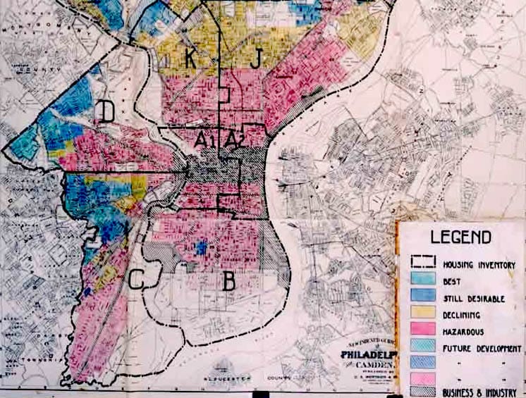Home Owners' Loan Corporation map showing redlining of "hazardous" districts in 1936