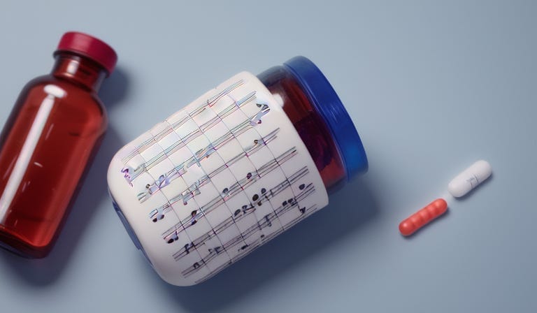 A pill bottle labelled with musical notes. A pill bottle labelled with musical notes.