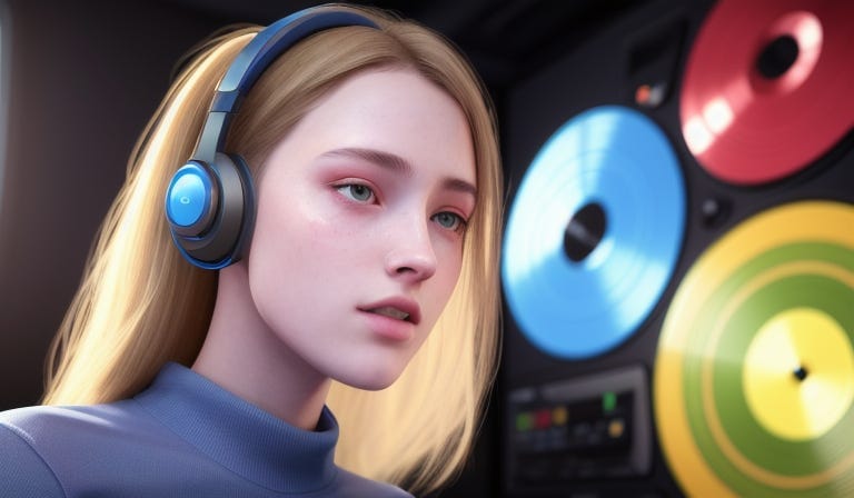 A young woman wearing headphones stares into the distance. Behind her are red, yellow, and blue circles reminiscent of music media like tapes, CDs, and record albums. A young woman wearing headphones stares into the distance. Behind her are red, yellow, and blue circles reminiscent of music media like tapes, CDs, and record albums.