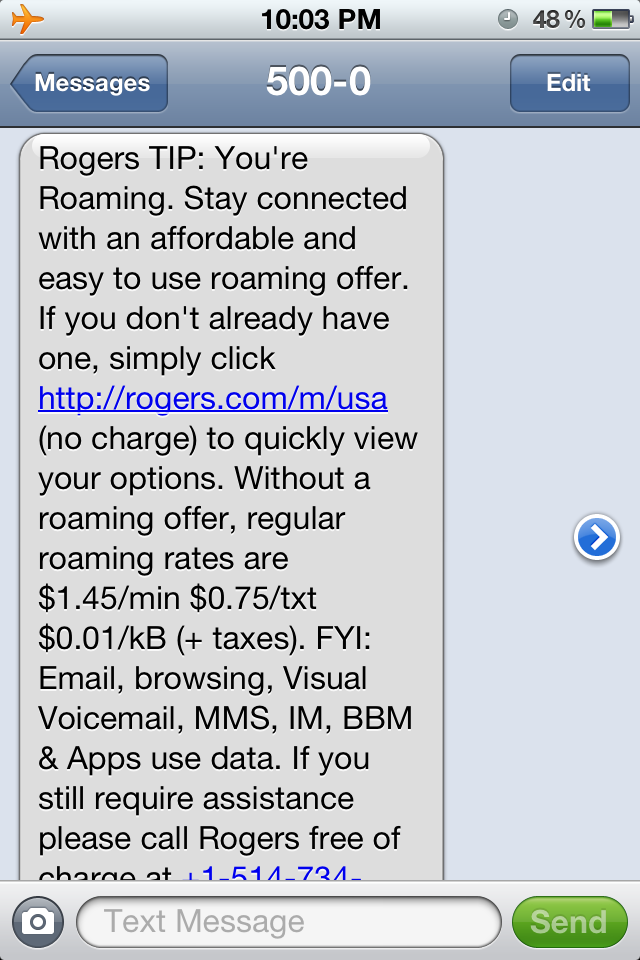 Rogers roaming message