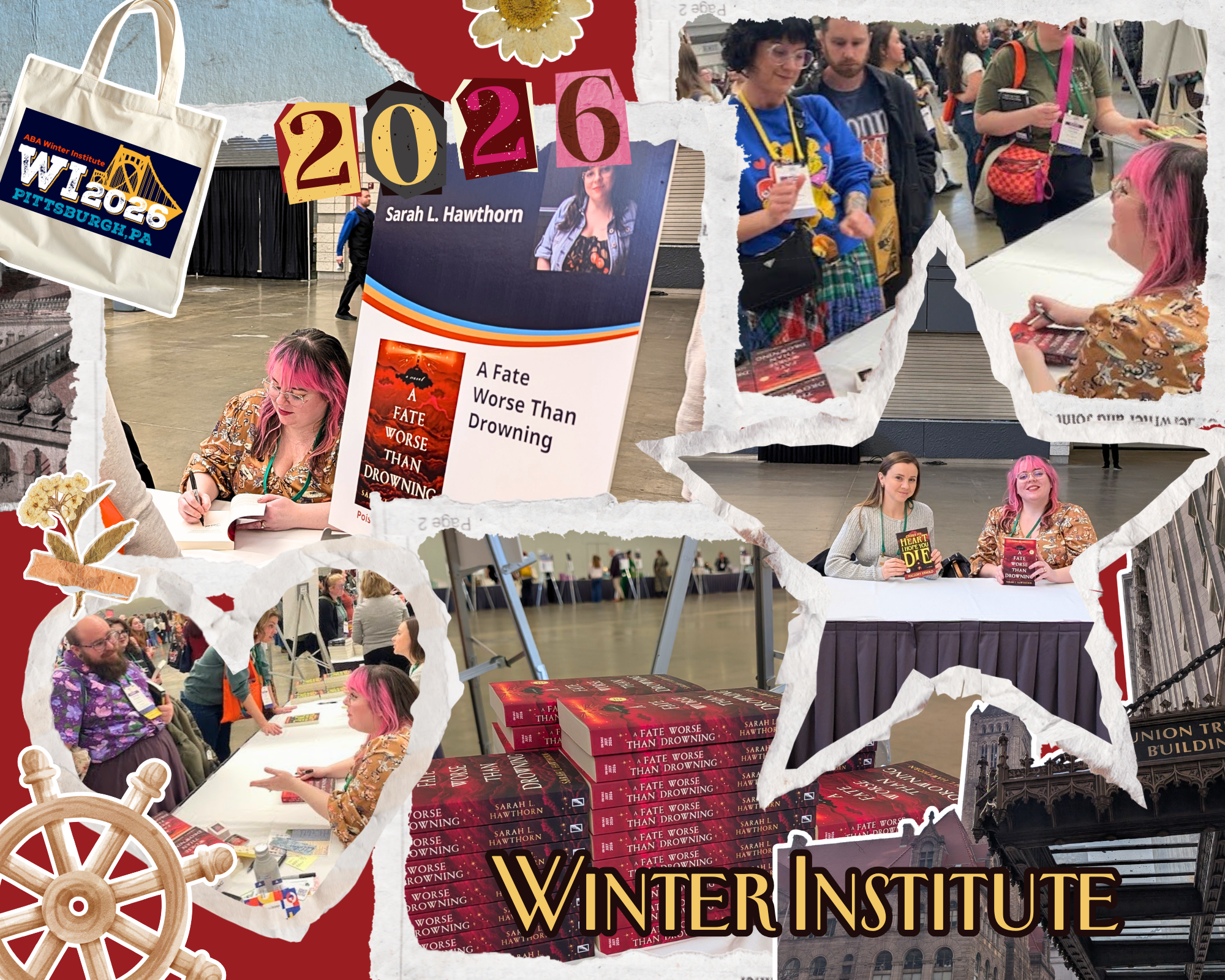 A collection of photos featuring Sarah, a white non-binary person (she/they) with pink hair and a shirt with a mushroom pattern signing copies of A Fate Worse Than Drowning.