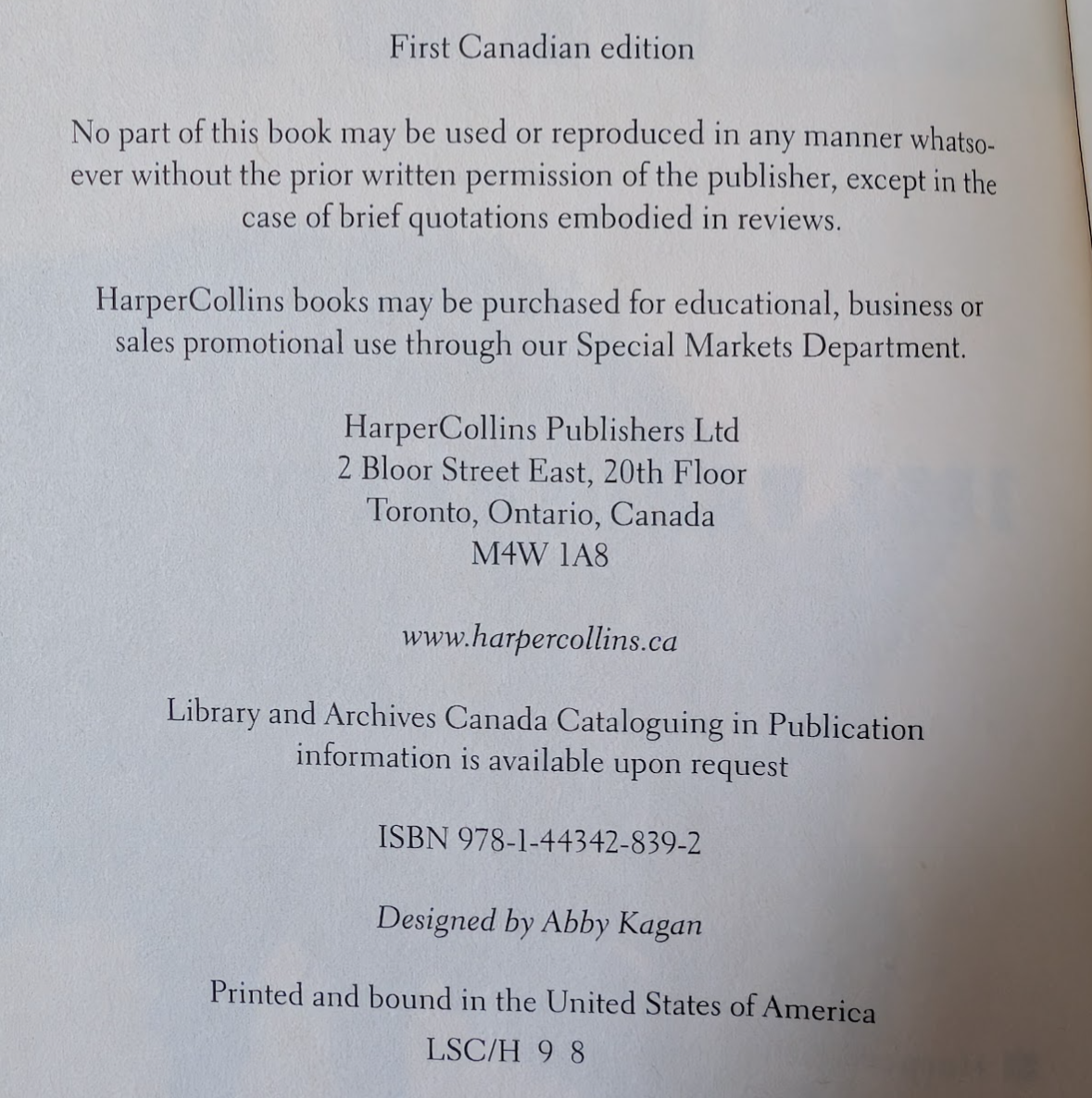 Important information: First Canadian edition, LSC/H 9 8